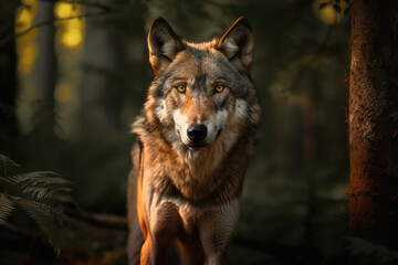 Fototapeta premium A wolf on forest mountain looking at camera, Ai Generative