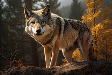 Fototapeta premium A wolf on forest mountain looking at camera, Ai Generative
