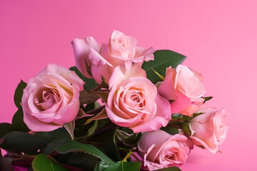 Fototapeta premium bouquet of pink roses. mother's day. pink background. generative ai. 