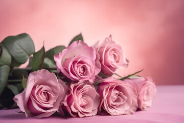 Obraz premium bouquet of pink roses. mother's day. pink background. generative ai. 