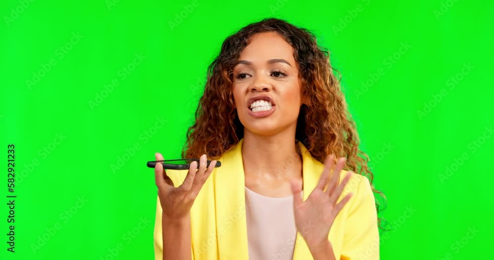 Poster speaker, phone call and angry woman on green screen while arguing, annoyed and whatever gesture in s