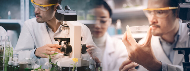 banner background of tube on researchers hands. Researcher are looking to simples reefs in tube on his hands at cosmetic lab and laboratory