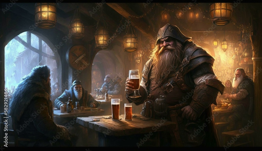 Wall mural generative ai, fantasy tavern, medieval tavern, medieval building,dwarf,zwerg, fantasy taverne, mitt