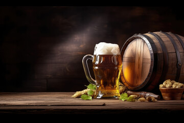 Beer Mug With Wheat And Hops In Cellar With Barrel, AI Generative