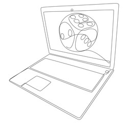 One continuous line of Laptop with dice. Thin Line Illustration vector concept. Contour Drawing Creative ideas.