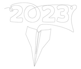 One continuous line of Paper Airplane with the number 2023. Thin Line Illustration vector concept. Contour Drawing Creative ideas.