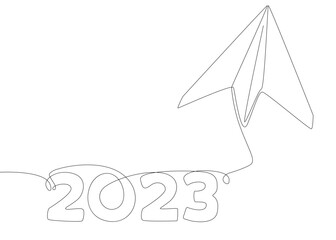 One continuous line of Paper Airplane with the number 2023. Thin Line Illustration vector concept. Contour Drawing Creative ideas.