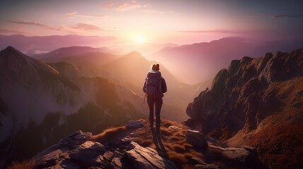 Fototapeta premium Hiker Standing at Top of Mountain Enjoying Beautiful Scenery AI Generative