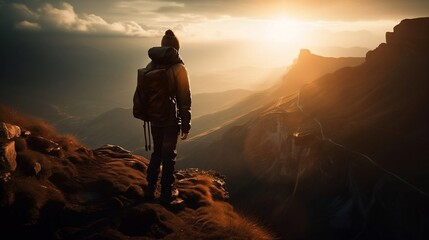Fototapeta premium Hiker Standing at Top of Mountain Enjoying Beautiful Scenery AI Generative