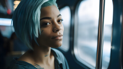 Fototapeta na wymiar african american woman looking at the window, while traveling by subway