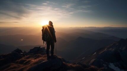 Fototapeta premium Hiker Standing at Top of Mountain Enjoying Beautiful Scenery AI Generative