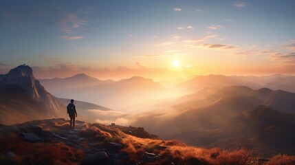 Hiker Standing at Top of Mountain Enjoying Beautiful Scenery AI Generative