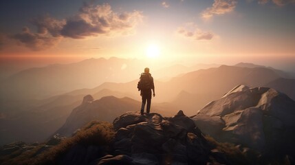 Naklejka na ściany i meble Hiker Standing at Top of Mountain Enjoying Beautiful Scenery AI Generative