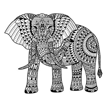 Hand drawn of elephant in zentangle style