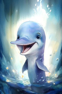 Dolphin 🐬, Playful character design, Watercolor art style, Joyful mood, Ocean lighting  Generative AI Digital Illustration Part#200323