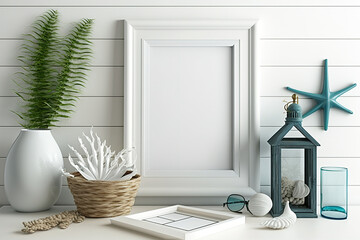Mock up frame in home interior background, coastal style living room with marine decor,. Generative AI