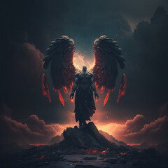 lucifer whit 4 wings middle clouds anda precious rocks in heaven image provided in a dynamic art style - obrazy, fototapety, plakaty