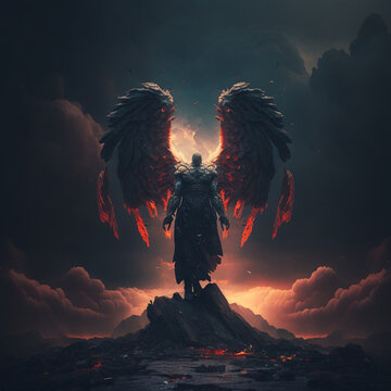 lucifer whit 4 wings middle clouds anda precious rocks in heaven image provided in a dynamic art style