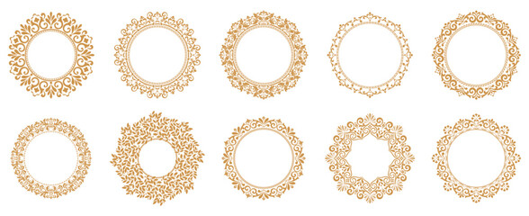 Set of decorative frames Elegant vector element for design in Eastern style, place for text. Floral gold and white borders. Lace illustration for invitations and greeting cards