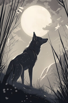Wolf 🐺, Cute character design, Monochromatic art style, Wild mood, Full Moon lighting1  Generative AI Digital Illustration Part#200323