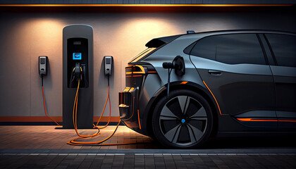 Fototapeta na wymiar EV Car or Electric vehicle at charging station with the power cable pump supply plugged, car fueling station connected power, alternative sustainable eco energy, Generative AI
