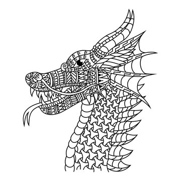 Hand drawn of dragon head in zentangle style