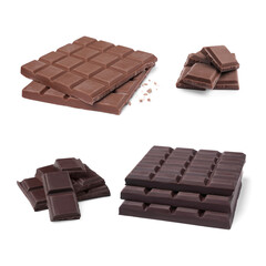Collage with pieces of tasty chocolate bars on white background