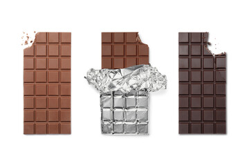 Collage with tasty different chocolate bars on white background, top view