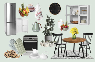 Kitchen interior design. Collage with different combinable furniture and decorative elements on pale light green background