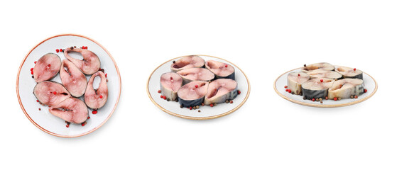 Collage with tasty mackerel pieces and pepper on white background, top and side views