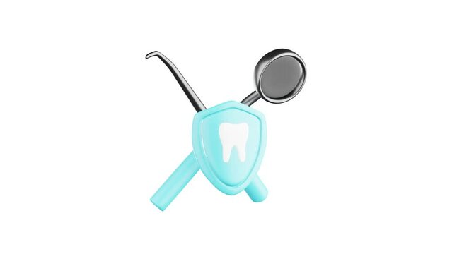 3d render Animation of dental instruments and a blue shield with the image of a tooth