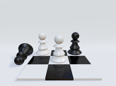 A chess board with a black and white pawn on it. 3d rendering.