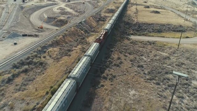 Karakorum, Pakistan. Aerial view of the railway and train in the Karakorum valley.