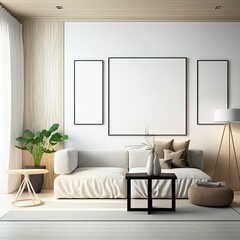 Mock up poster frame in modern interior background, living room, Scandinavian style, 3D render, 3D illustration