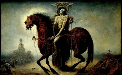 Concept art digital painting on the themes of horses, heaven, cathedrals, hell and skulls. - obrazy, fototapety, plakaty