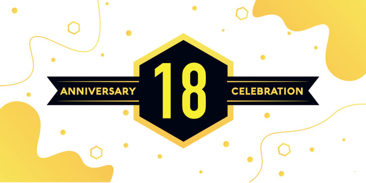 18 years anniversary logo vector design with yellow geometric shape with black and abstract design on white background template