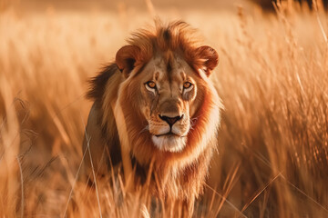 Obraz na płótnie Canvas Lion in Savannah Field at Sunset, National Geographic Wildlife Photography, generated AI