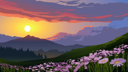 Fototapeta na wymiar Vector illustration of colorful sunset over mountain forest with flowers and mountain in the distance