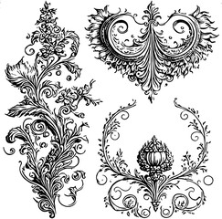 Collection of black and white drawn leaves Ornaments and decoration in vintage style	