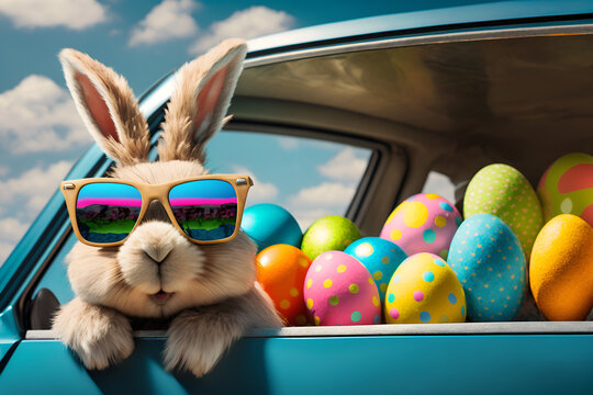 Cute Easter Bunny with sunglasses looking out of a car filed with easter eggs, Generative A