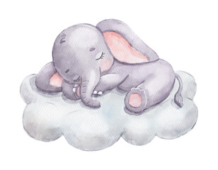 Cute dreaming elephant on cloud. Cartoon hand drawn watercolor illustration. Baby animal isolated on white