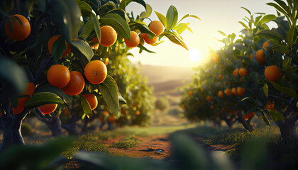 Juicy oranges grow on trees. orange farm. Generative AI - obrazy, fototapety, plakaty