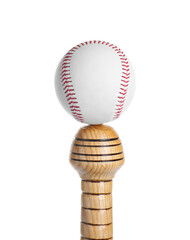 Wooden baseball bat and ball on white background. Sports equipment