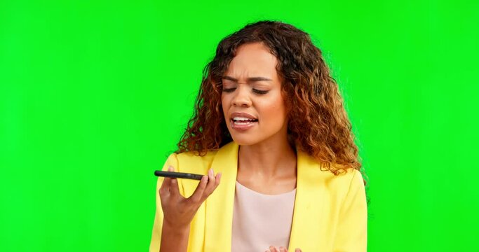Phone call, speaker and angry woman on green screen while arguing, annoyed and whatever in studio. Voice to text, smartphone communication or girl recording on app and frustrated at breakup or crisis