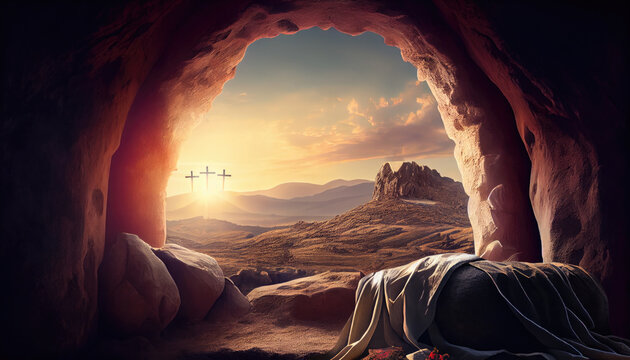 Empty tomb of Jesus Christ. Crucifixions in the rays of the sun. Generative AI