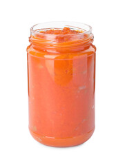 Jar of delicious pumpkin jam isolated on white