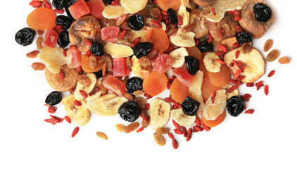 Pile of different tasty dried fruits on white background, top view