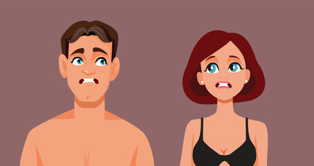 Couple Feeling Uncomfortable with Each Other Vector Cartoon Illustration. Awkward man and woman trying one night stand intimacy and failing  
 - obrazy, fototapety, plakaty