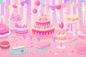 Pink background, birthday, decorations, party (generated AI)