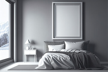 Modern bedroom with blank picture frame generative AI